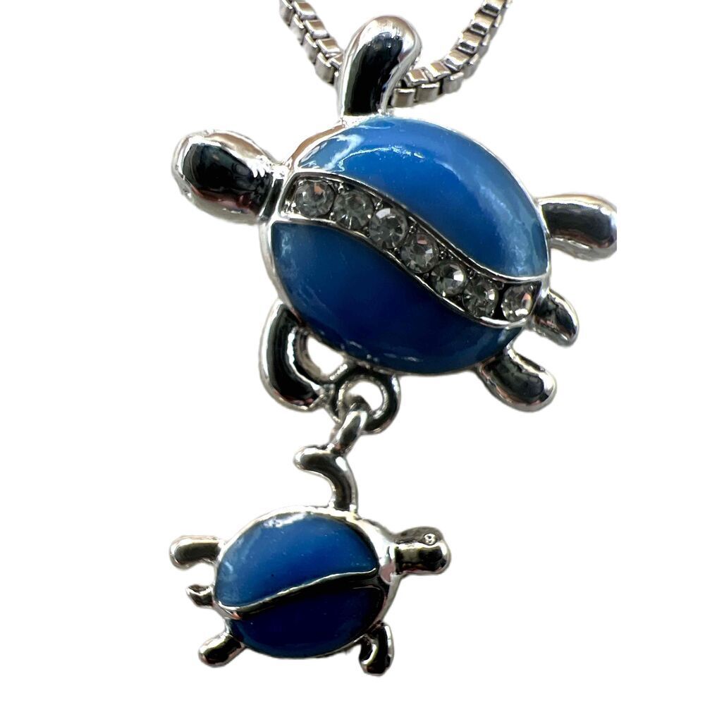 NEW Blue Enamel Crystal Inlay Turtle Design Pendant Necklace - Picture 2 of 10